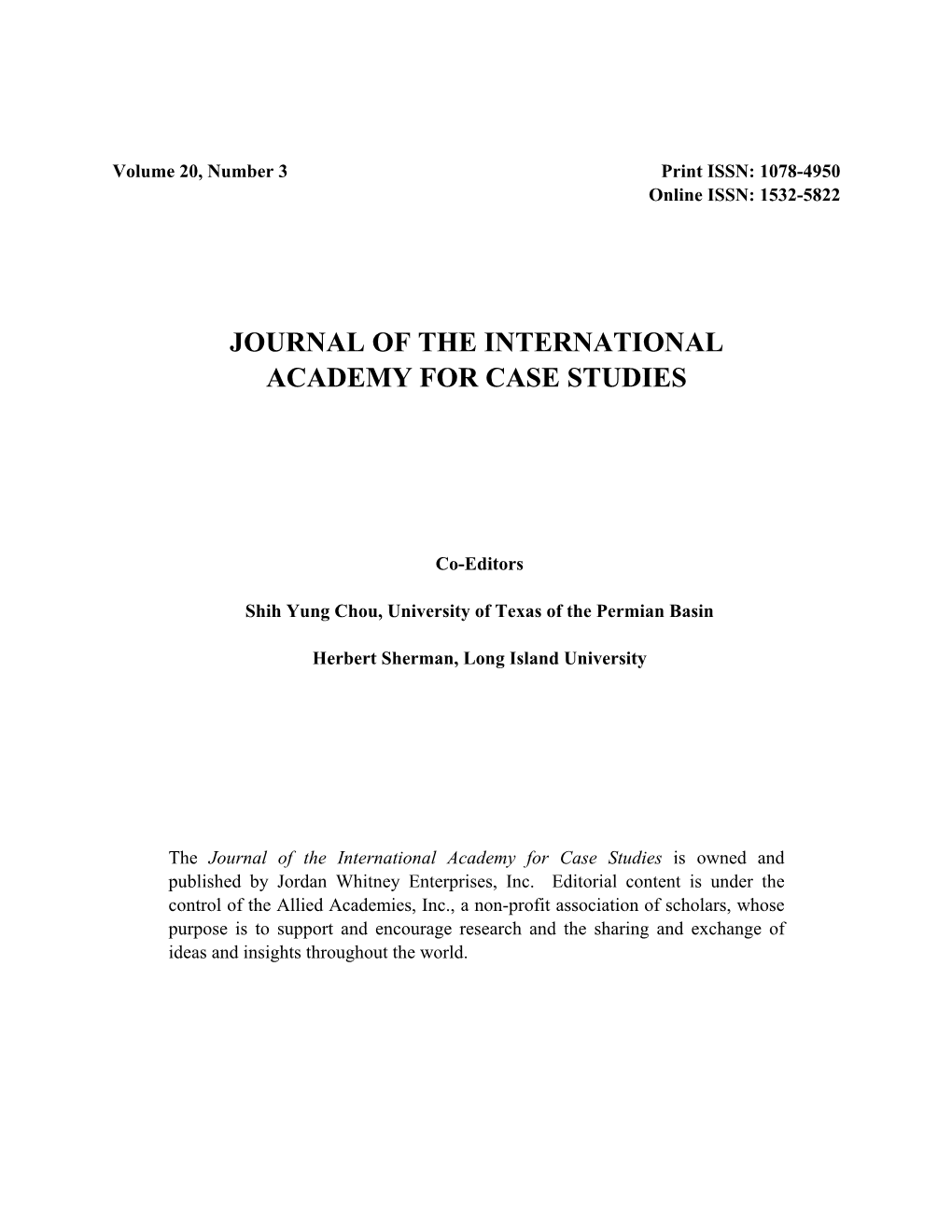 Journal of the International Academy for Case Studies