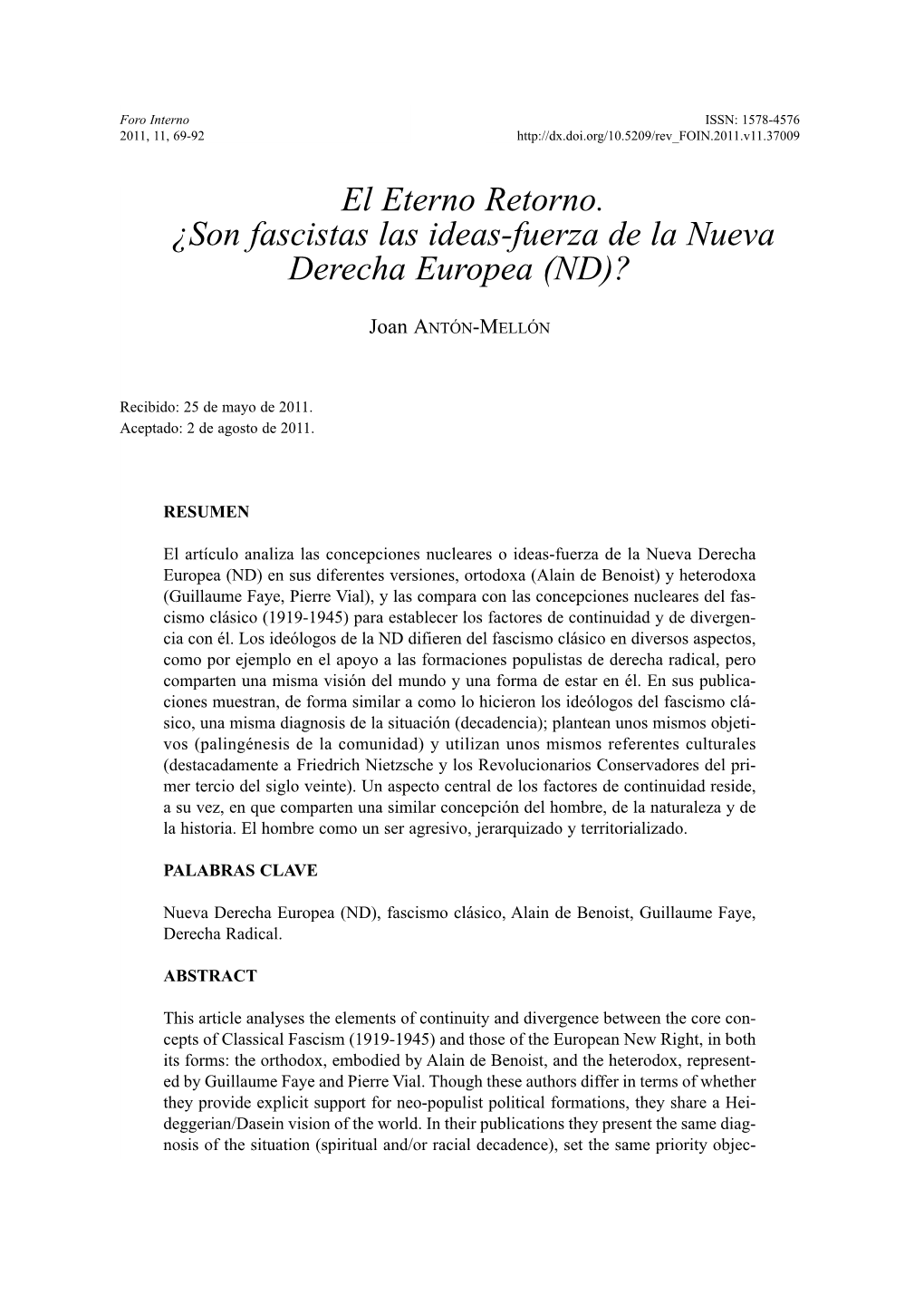 El Eterno Retorno. ¿Son Fascistas Las Ideas-Fuerza De La Nueva Derecha Europea (ND)?