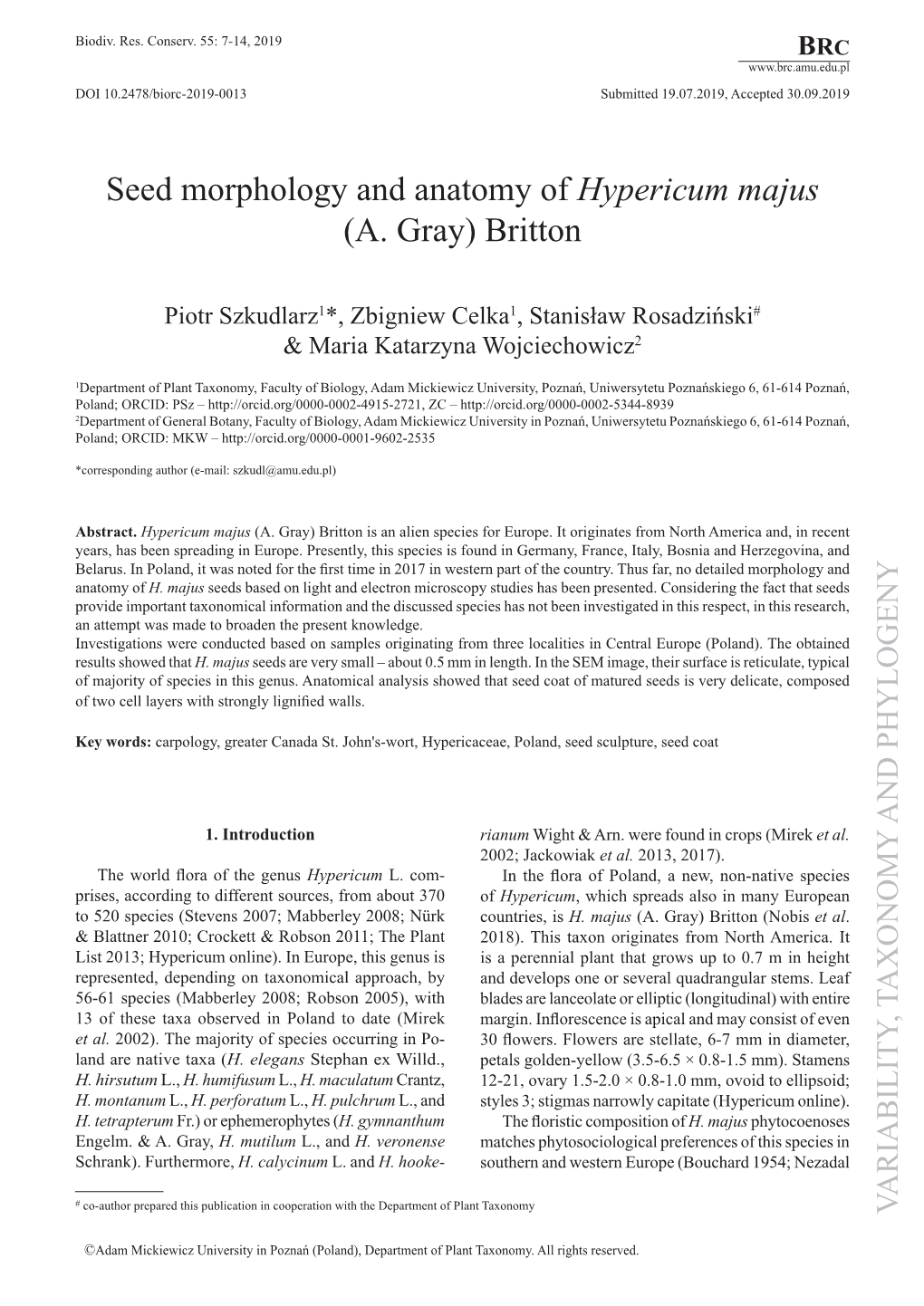 Seed Morphology and Anatomy of Hypericum Majus (A