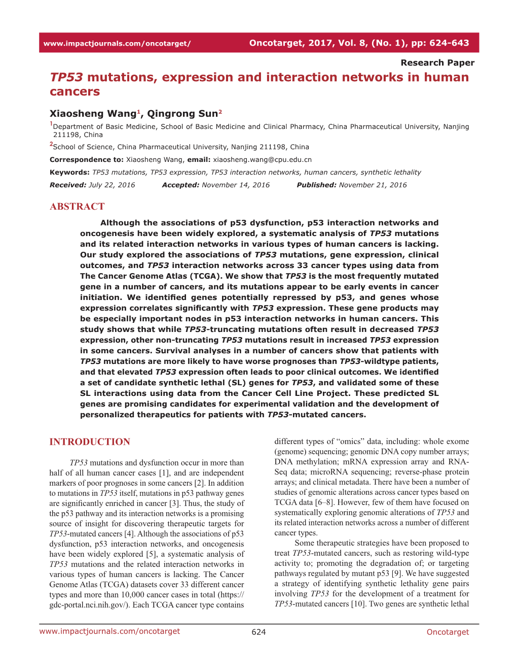 TP53 Mutations, Expression and Interaction Networks in Human Cancers