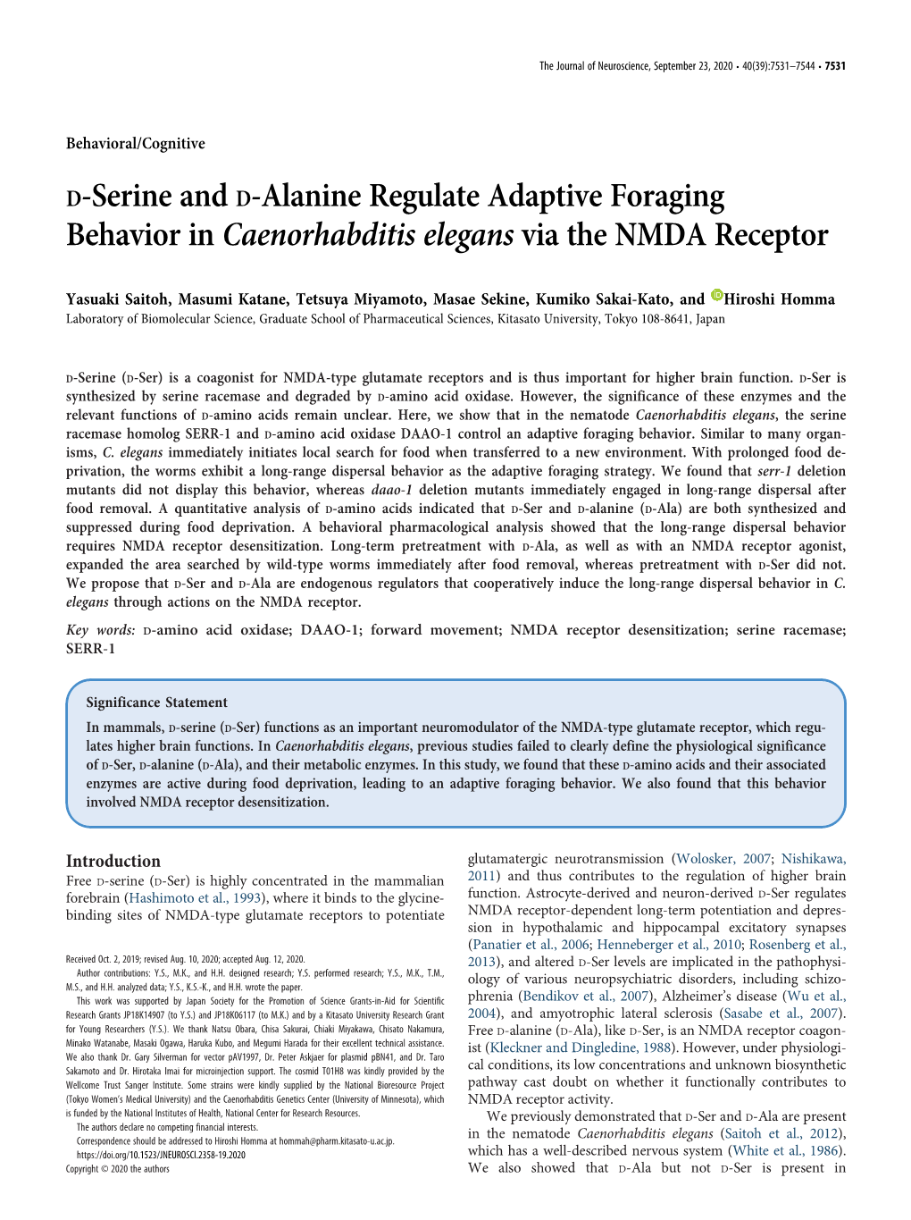 D-Serine and D-Alanine Regulate Adaptive Foraging Behavior in Caenorhabditis Elegans Via the NMDA Receptor