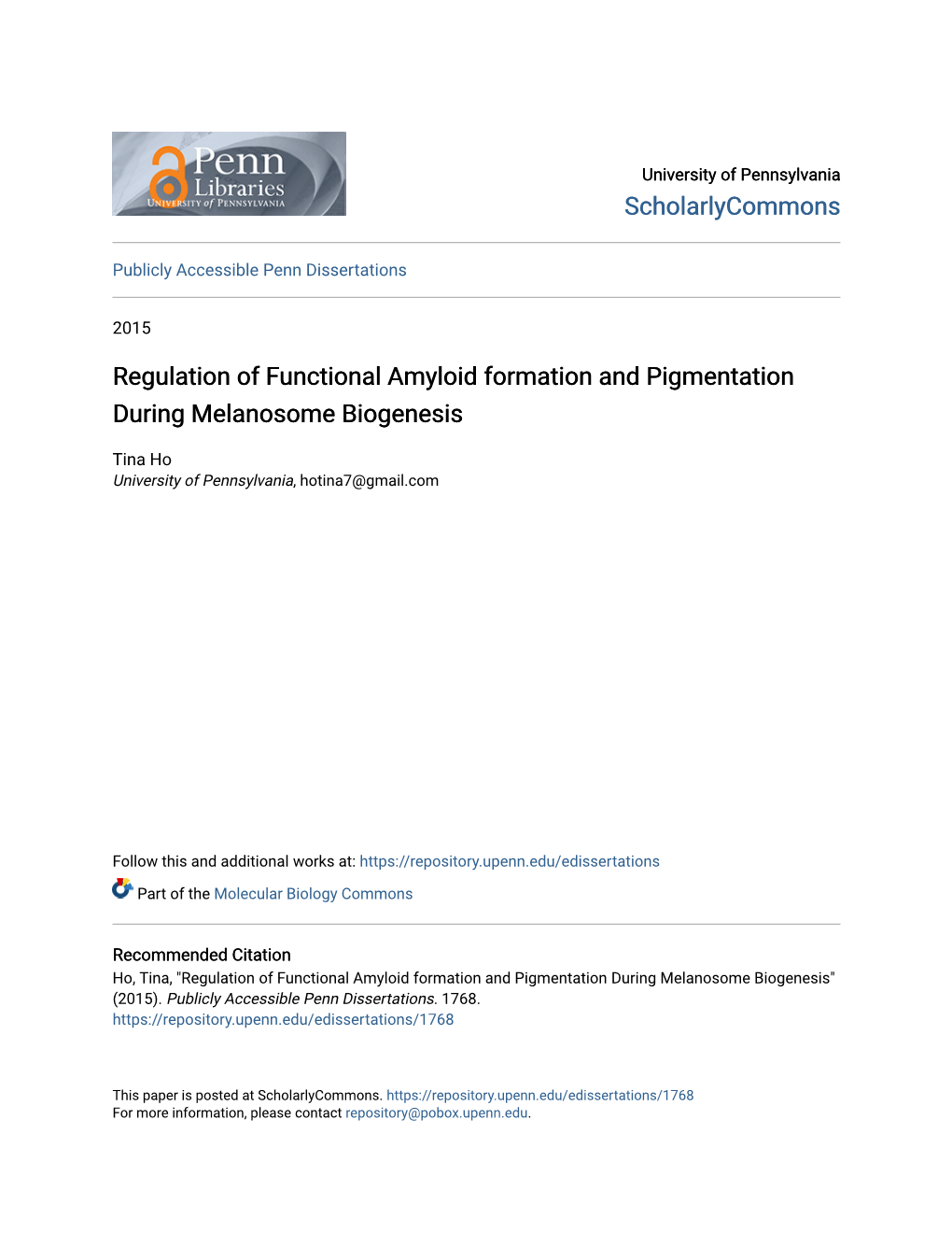 Regulation of Functional Amyloid Formation and Pigmentation During Melanosome Biogenesis