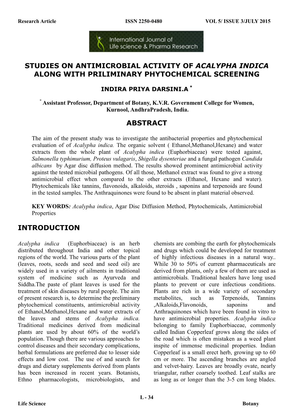 Studies on Antimicrobial Activity of Acalypha Indica Along with Priliminary Phytochemical Screening