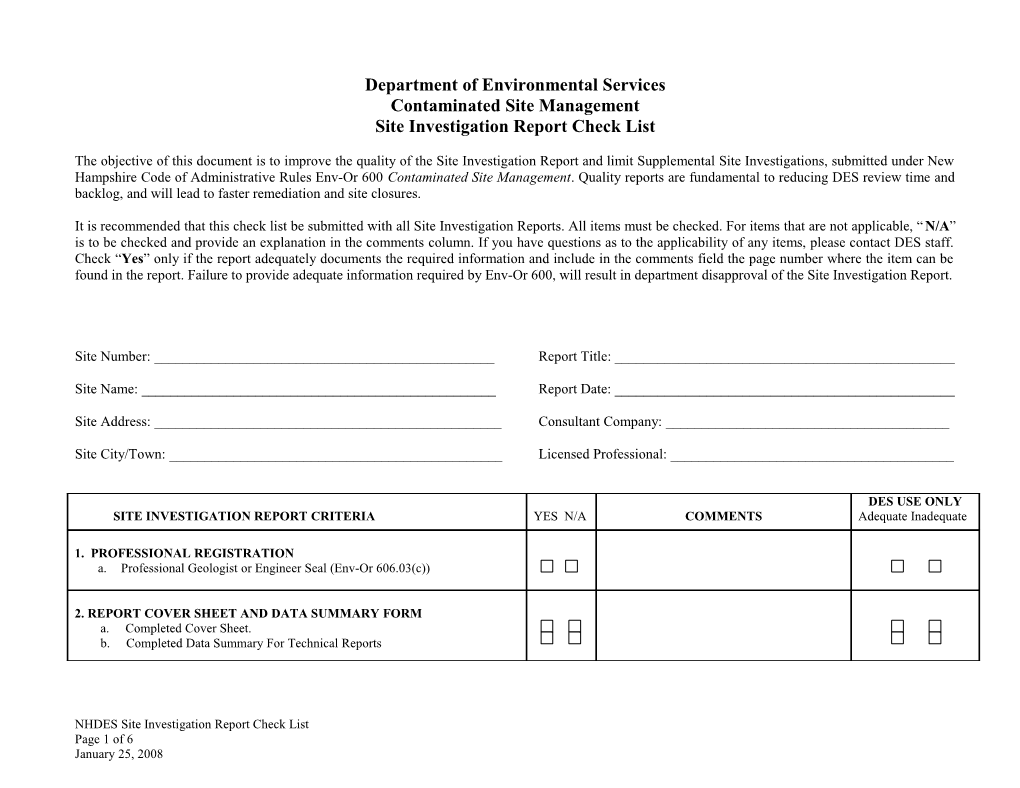 Site Investigation Report Check List