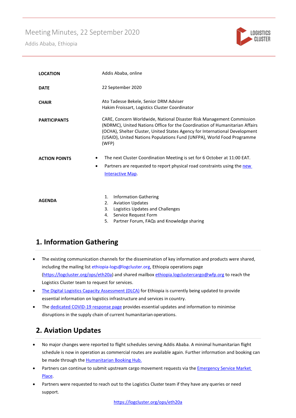 Meeting Minutes, 22 September 2020 1. Information Gathering 2. Aviation