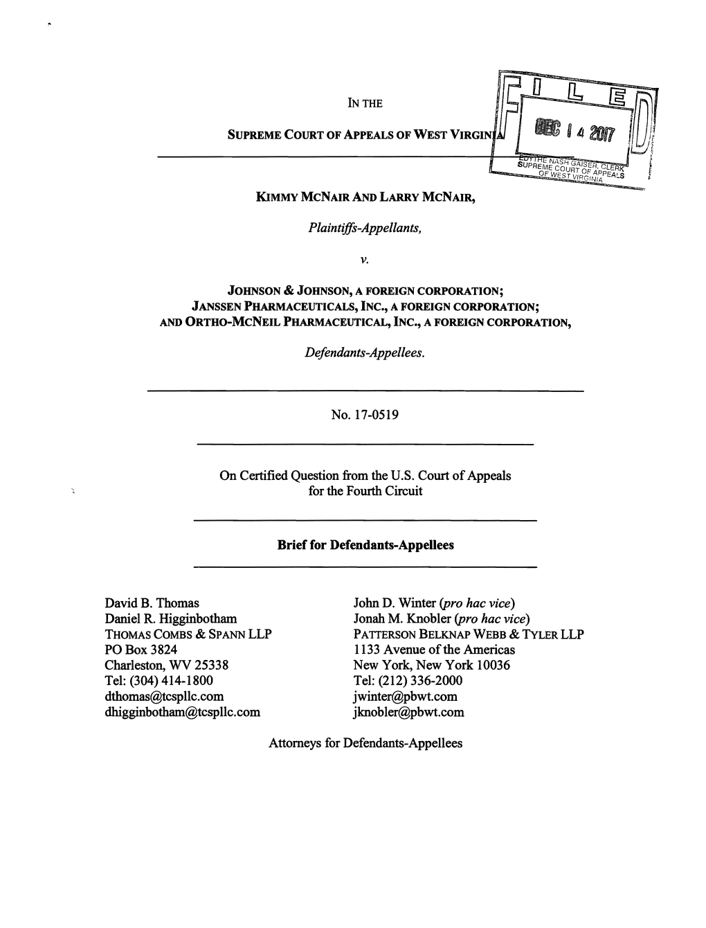 Respondent's Brief, Kimmy and Larry Mcnair V. Johnson & Johnson, No