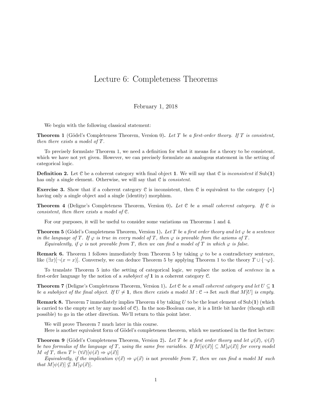 Lecture 6: Completeness Theorems