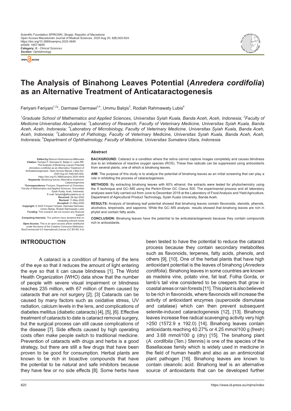 Anredera Cordifolia) As an Alternative Treatment of Anticataractogenesis