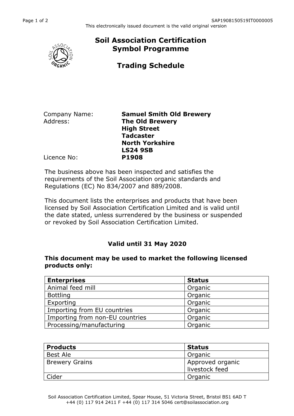 Soil Association Certification Symbol Programme Trading Schedule