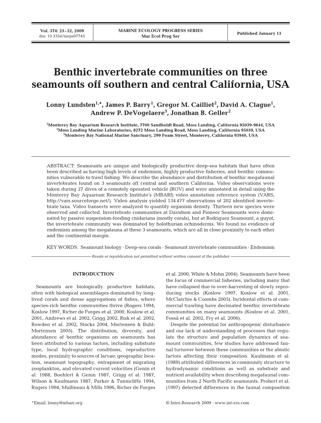 Benthic Invertebrate Communities on Three Seamounts Off Southern and Central California, USA