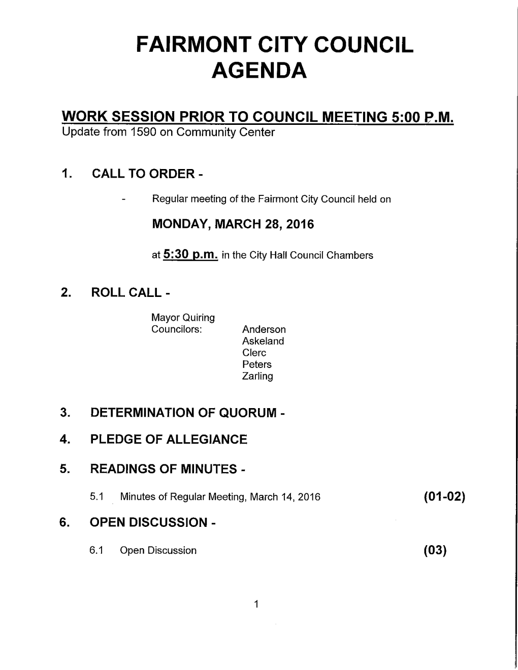 Fairmont City Council Agenda