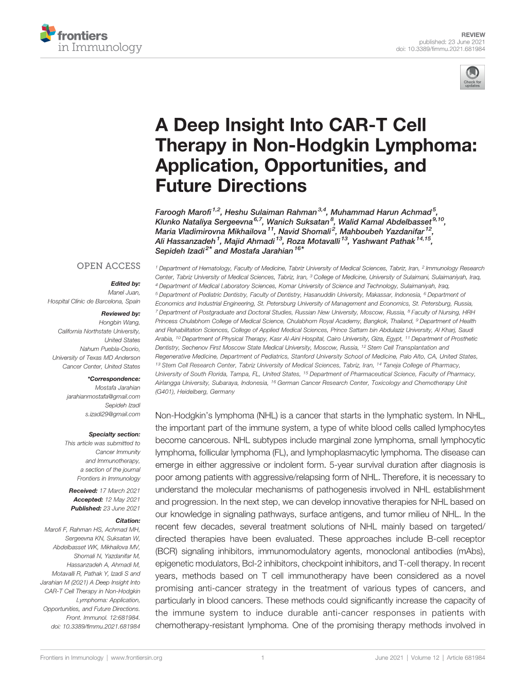 A Deep Insight Into CAR-T Cell Therapy in Non-Hodgkin Lymphoma: Application, Opportunities, and Future Directions