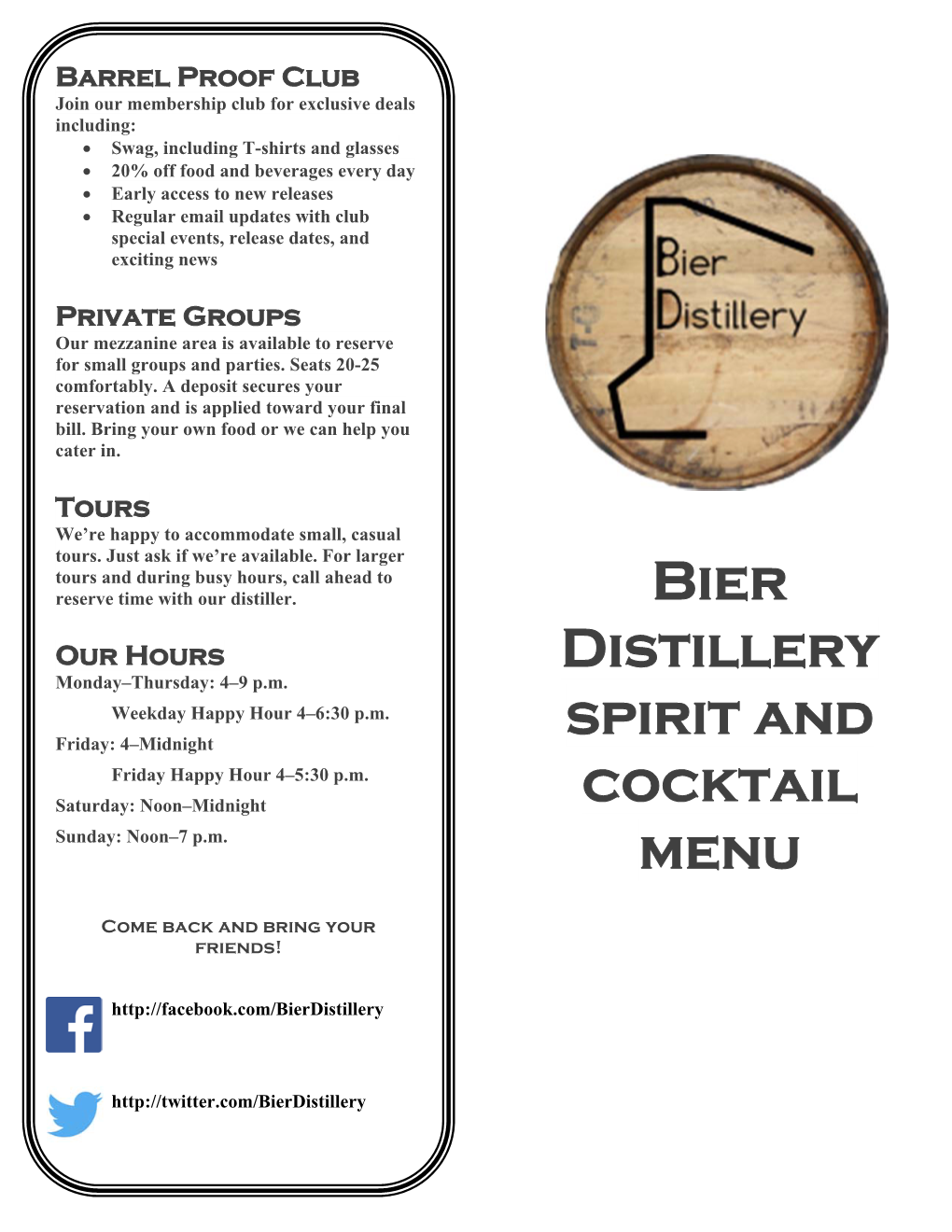 Bier Distillery Spirit and Cocktail Menu