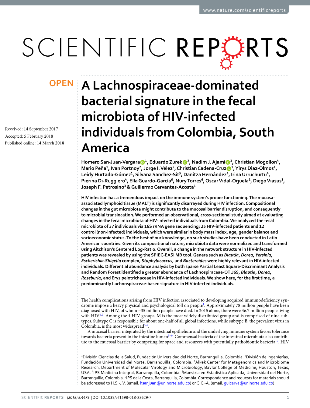 A Lachnospiraceae-Dominated Bacterial Signature in the Fecal Microbiota of HIV-Infected Individuals from Colombia, South America