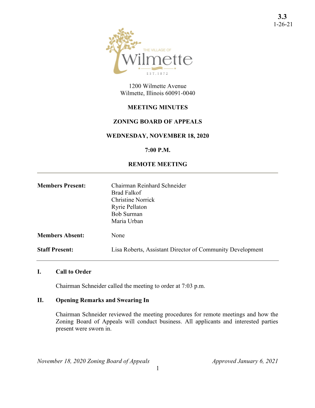 November 18, 2020 Zoning Board of Appeals Approved January 6, 2021 1 III