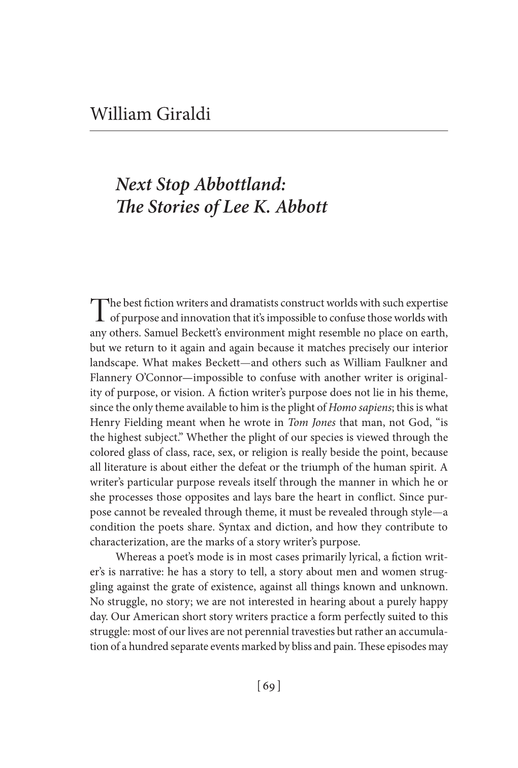 William Giraldi Next Stop Abbottland: the Stories of Lee K. Abbott