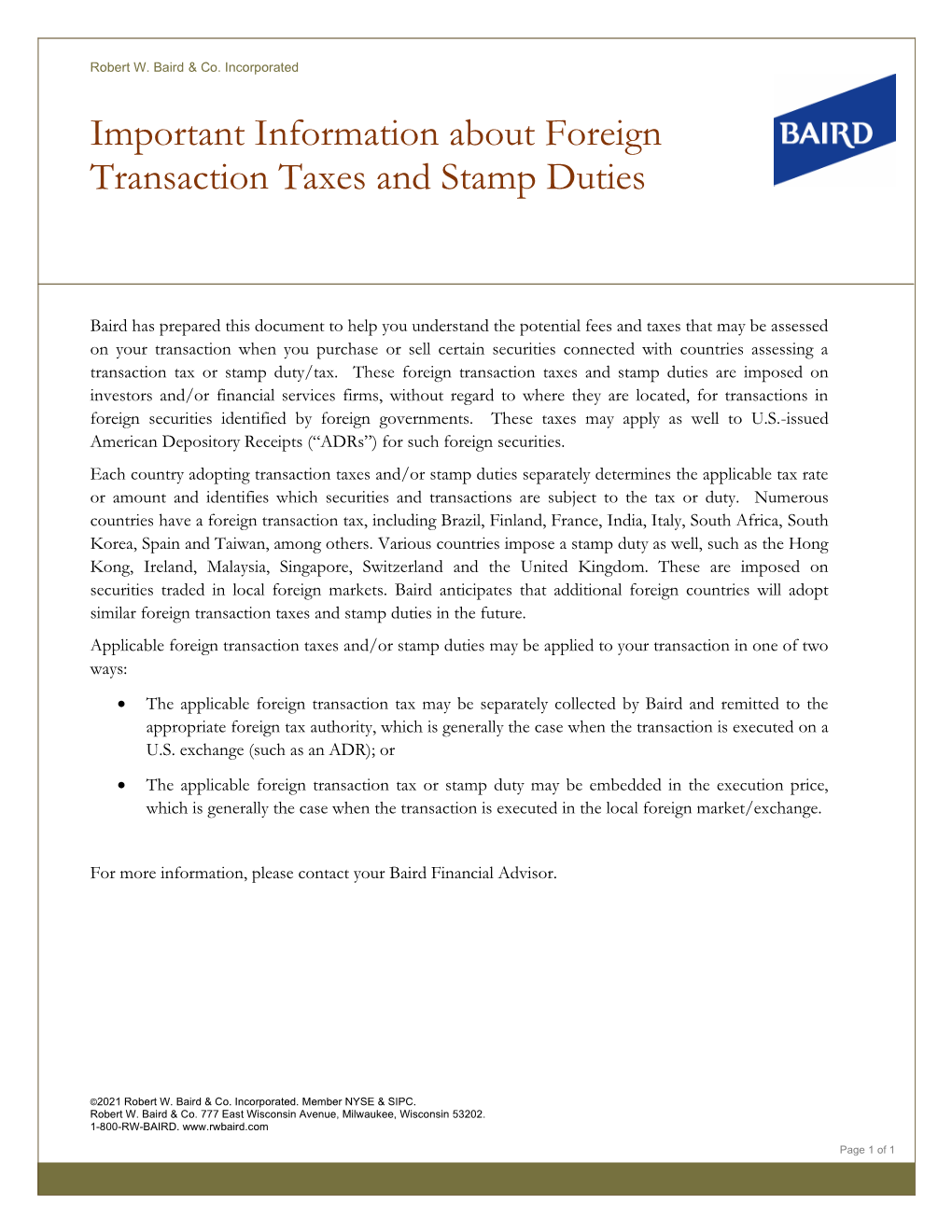 Important Information About Foreign Transaction Taxes and Stamp Duties