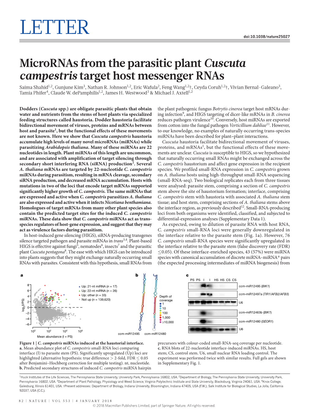 Micrornas from the Parasitic Plant Cuscuta Campestris Target Host Messenger Rnas Saima Shahid1,2, Gunjune Kim3, Nathan R