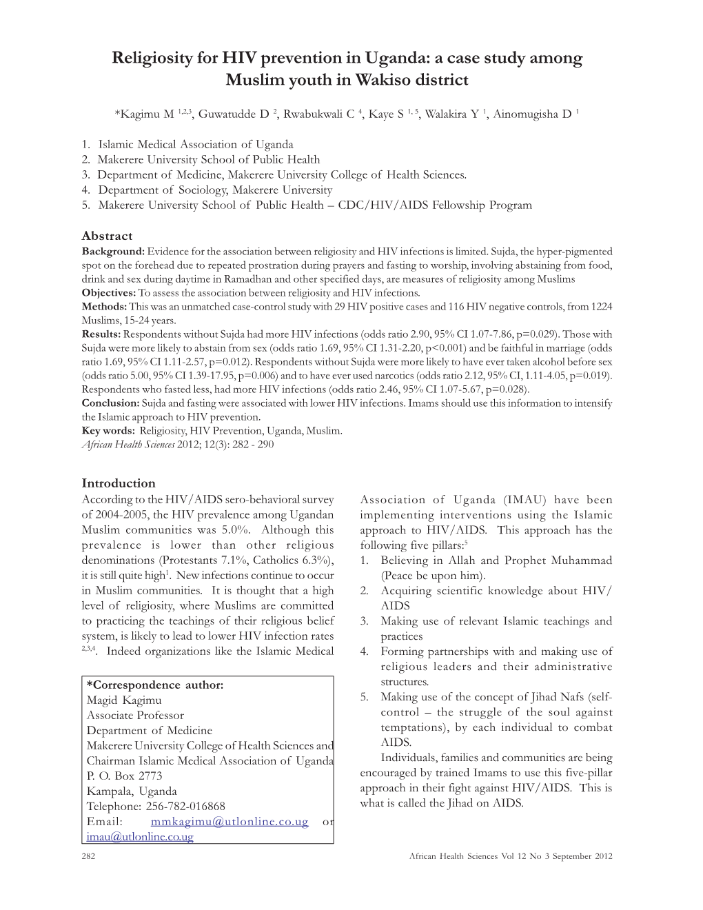 Religiosity for HIV Prevention in Uganda: a Case Study Among Muslim Youth in Wakiso District