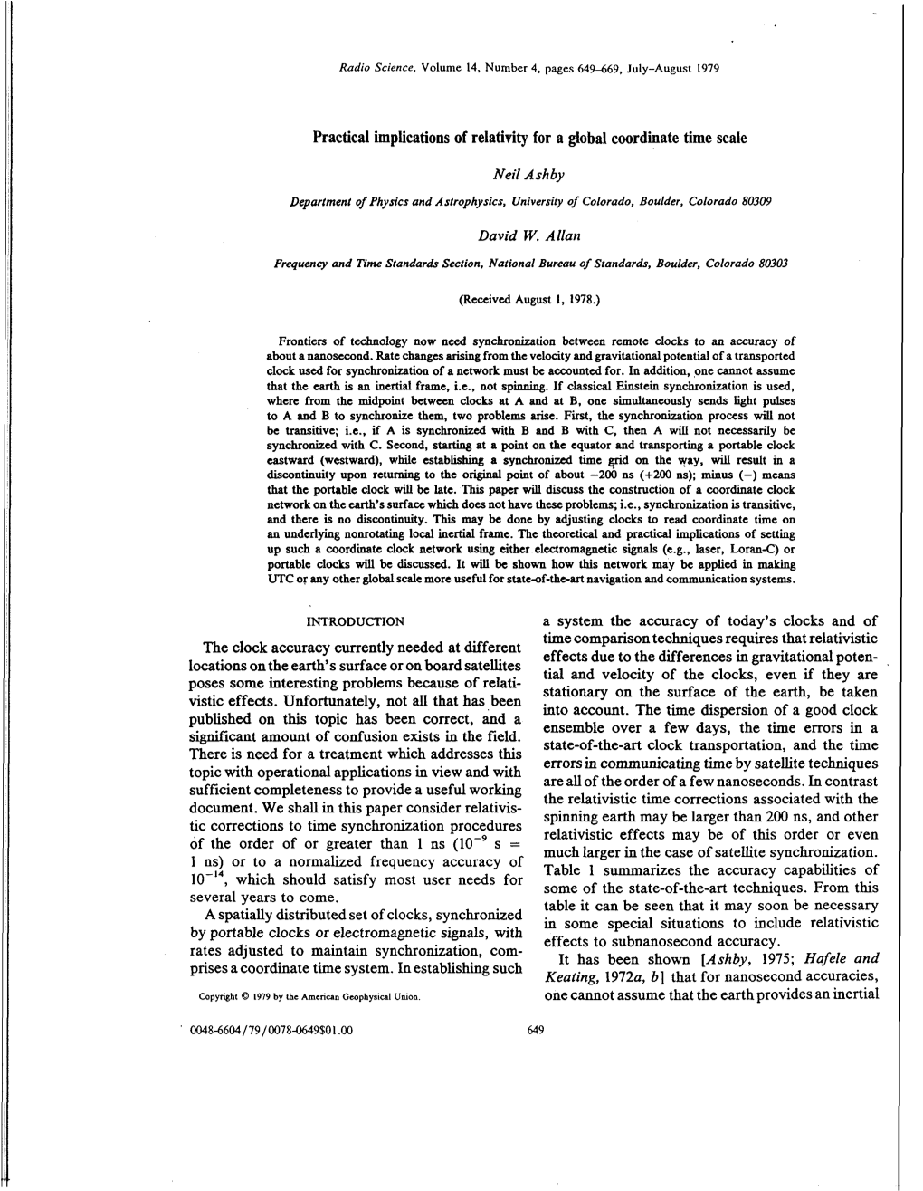 Practical Implications of Relativity for a Global Coordinate Time Scale Neil