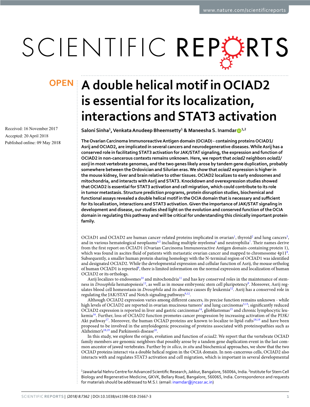 A Double Helical Motif in OCIAD2 Is Essential for Its Localization