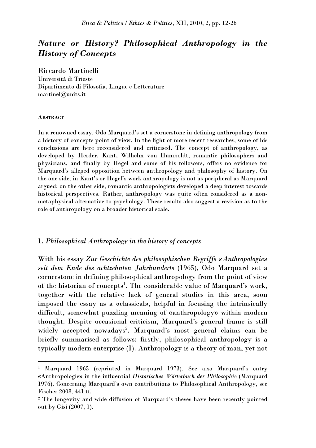 Philosophical Anthropology in the History of Concepts