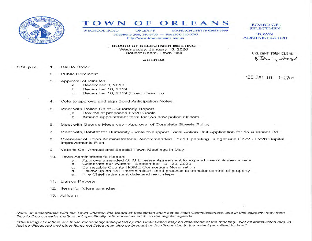 BOARD of SELECTMEN OFFICE of the TOWN AGENDA ACTION REQUEST ADMINSTRATOR Meeting Date: January 8, 2020