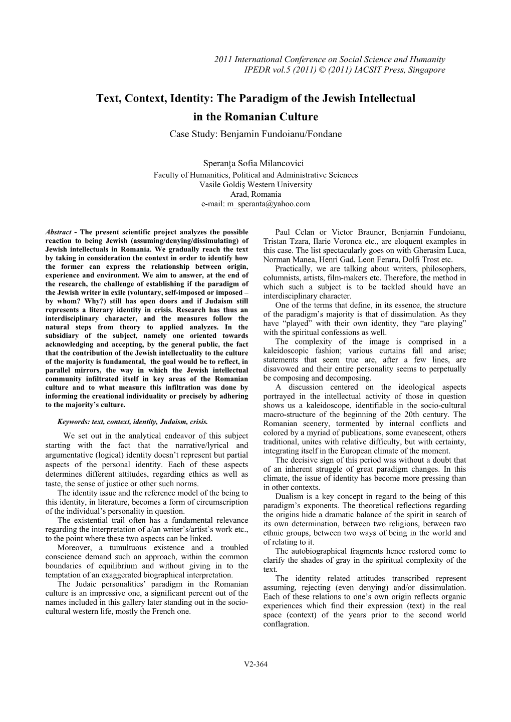 Text, Context, Identity: the Paradigm of the Jewish Intellectual in the Romanian Culture Case Study: Benjamin Fundoianu/Fondane