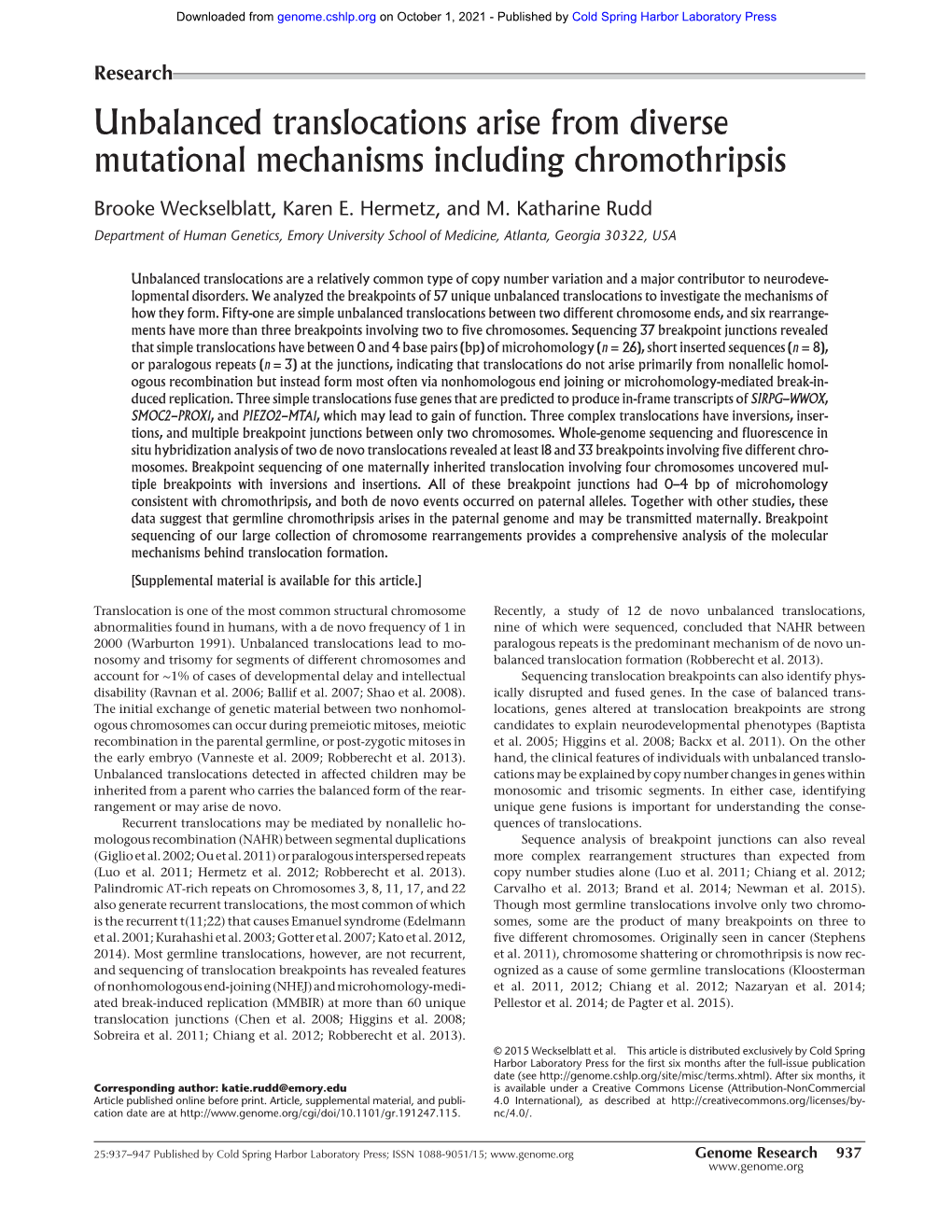 Unbalanced Translocations Arise from Diverse Mutational Mechanisms Including Chromothripsis