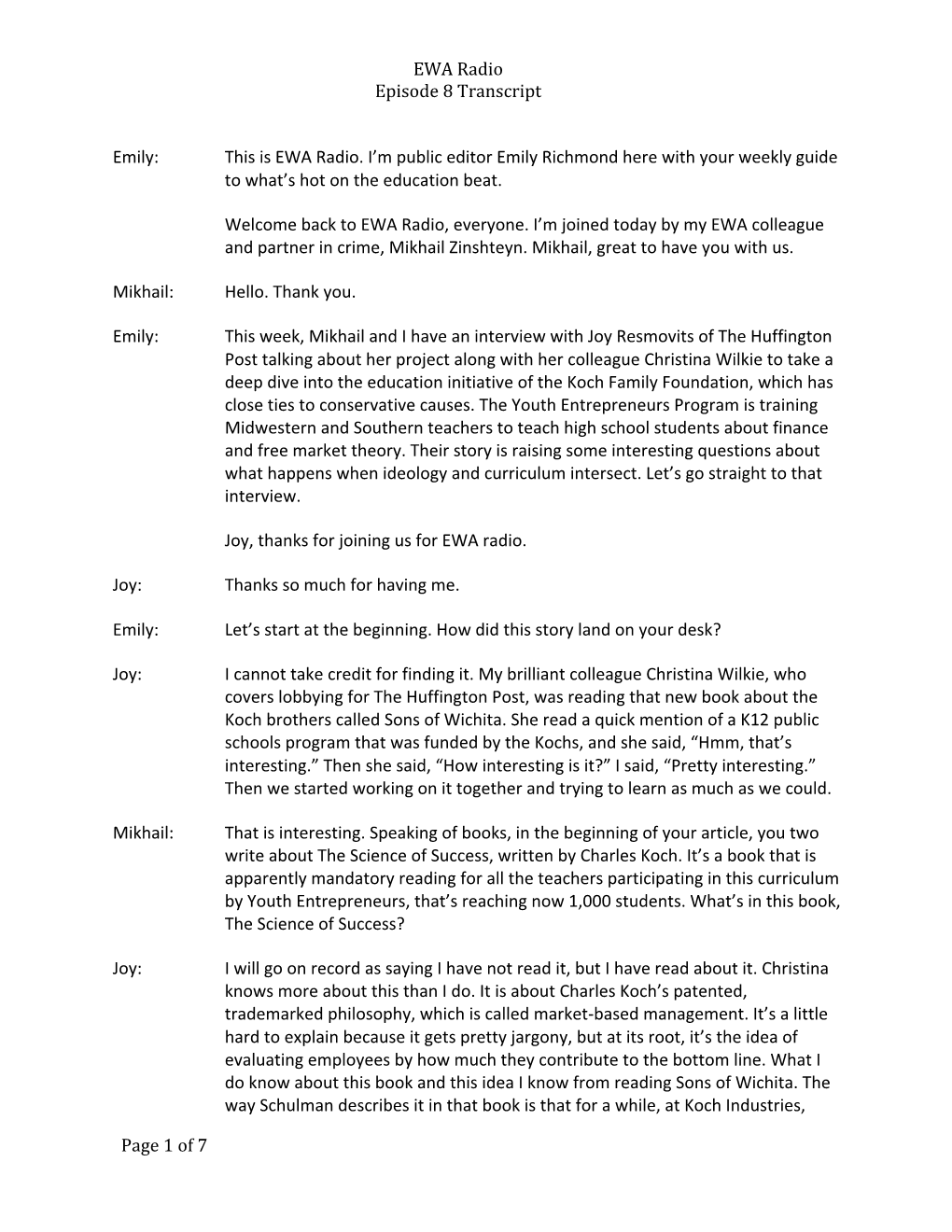 EWA Radio Episode 8 Transcript Page 1 of 7 Emily: This Is EWA Radio