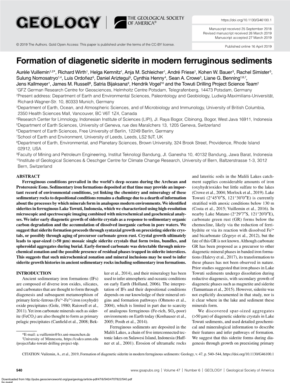 Formation of Diagenetic Siderite in Modern Ferruginous Sediments Aurèle Vuillemin1,2*, Richard Wirth1, Helga Kemnitz1, Anja M
