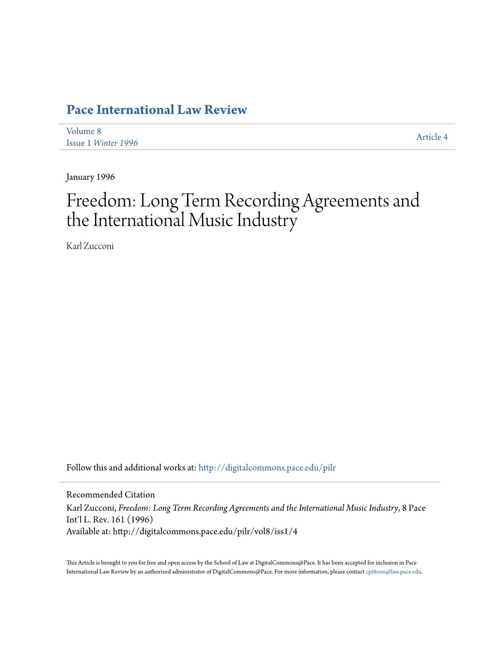 Freedom: Long Term Recording Agreements and the International Music Industry Karl Zucconi