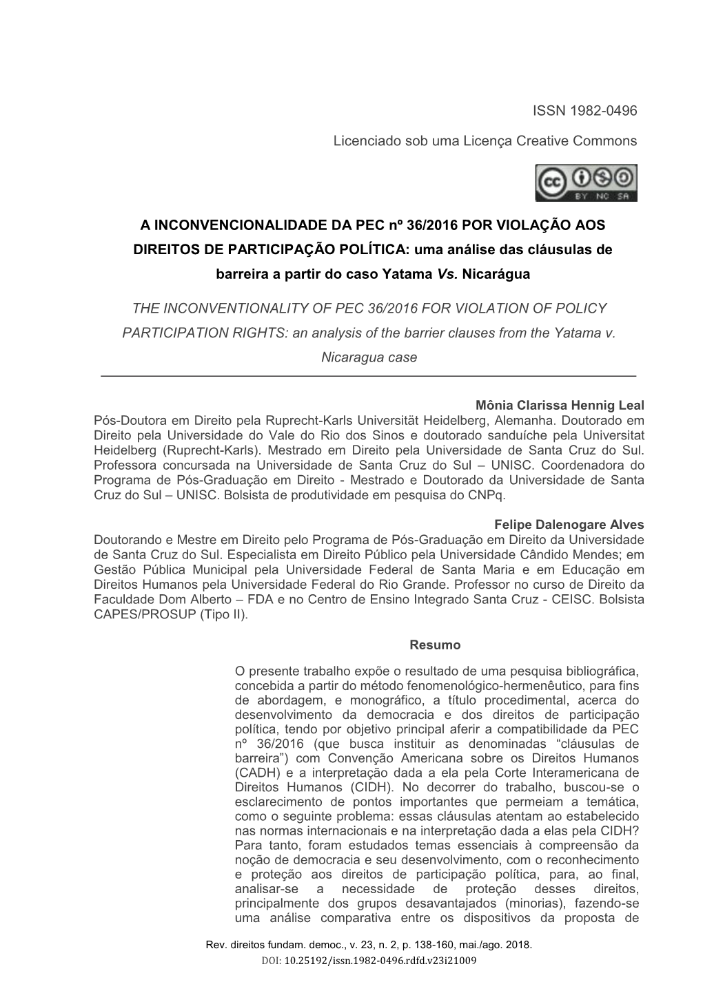 A INCONVENCIONALIDADE DA PEC Nº 36/2016 POR VIOLAÇÃO AOS DIREITOS DE PARTICIPAÇÃO POLÍTICA: Uma Análise Das Cláusulas De