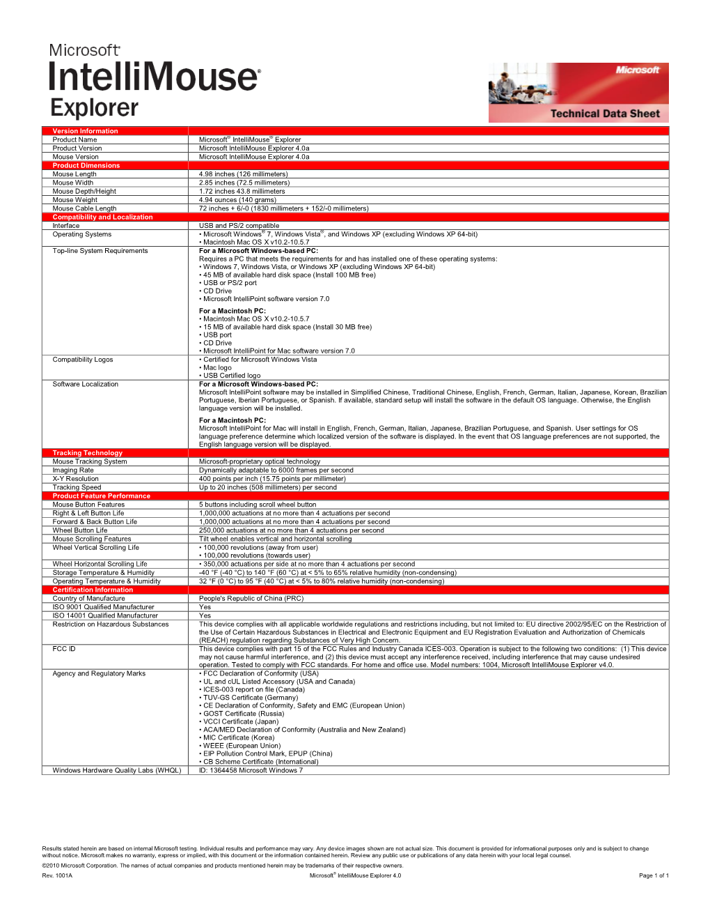 Version Information Product Name Microsoft® Intellimouse® Explorer