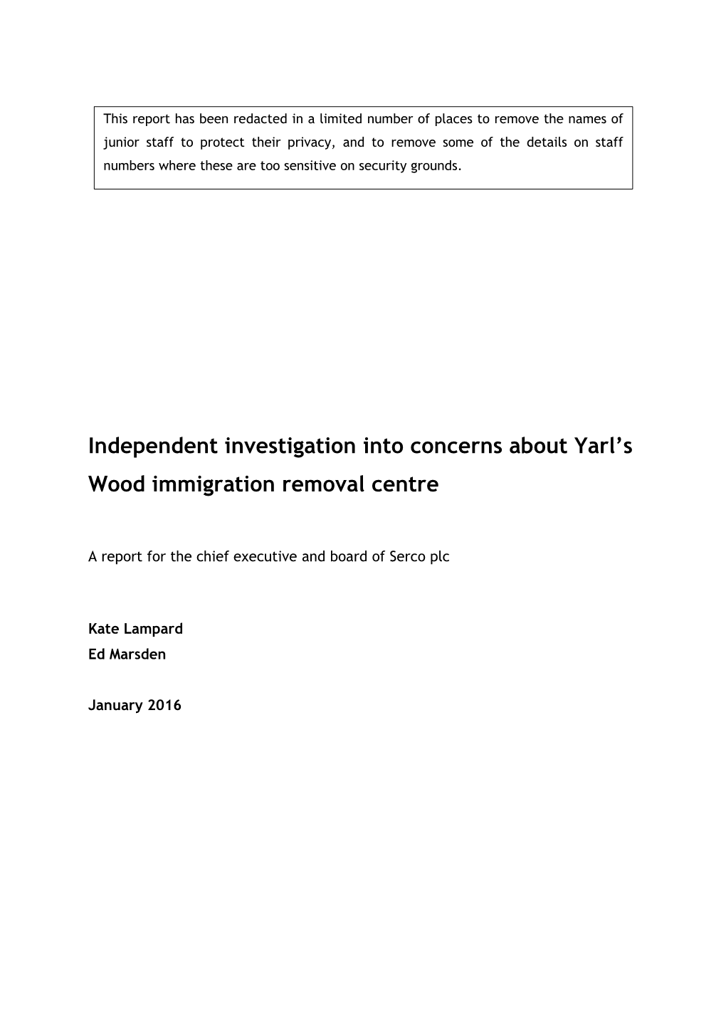 Into Concerns About Yarl's Wood Immigration Removal Centre