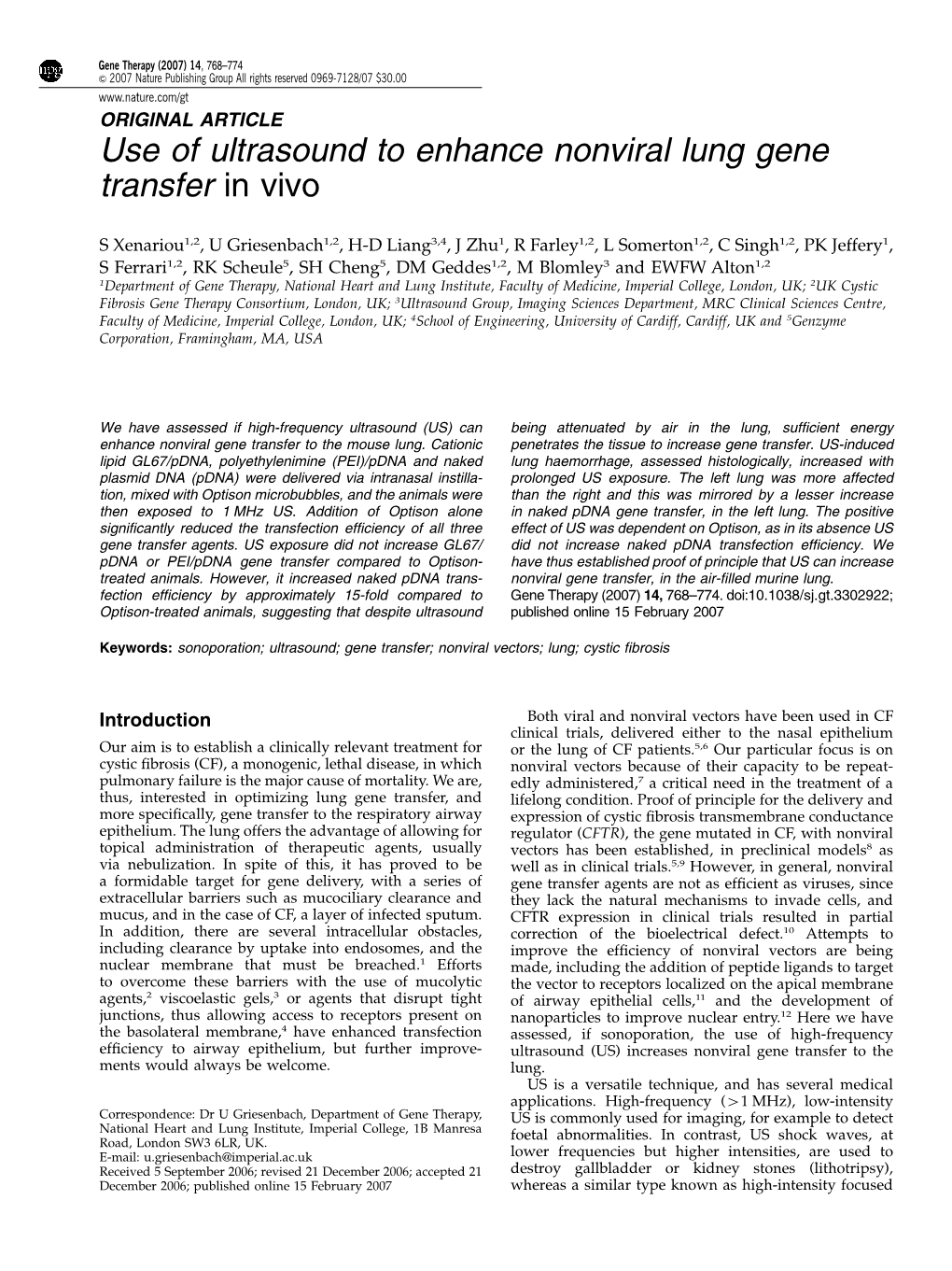 Use of Ultrasound to Enhance Nonviral Lung Gene Transfer in Vivo