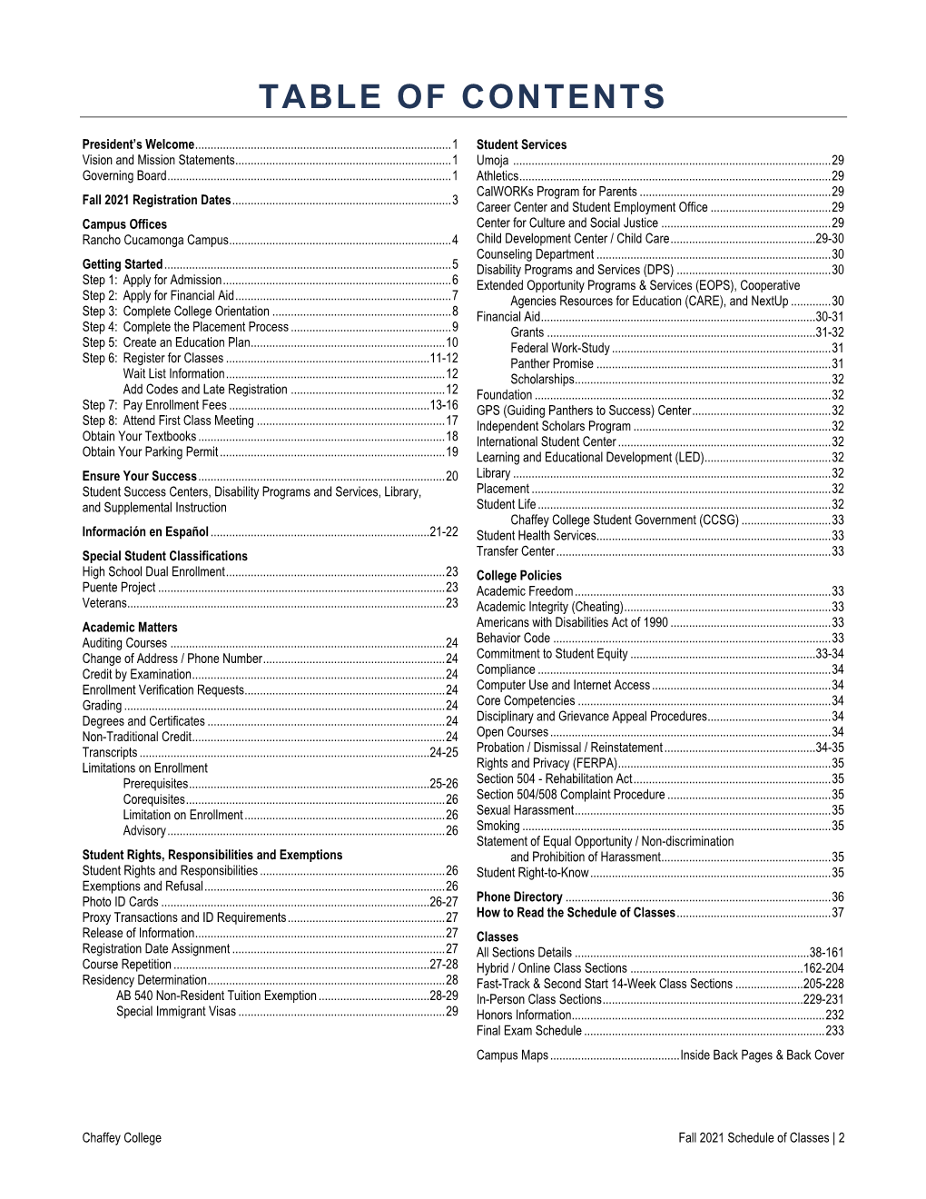 Chaffey College Fall 2021 Schedule of Classes General Information