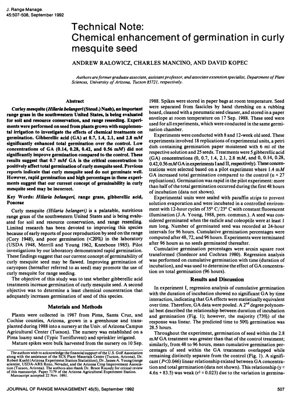 Chemical Enhancement of Germination in Curly Mesquite Seed