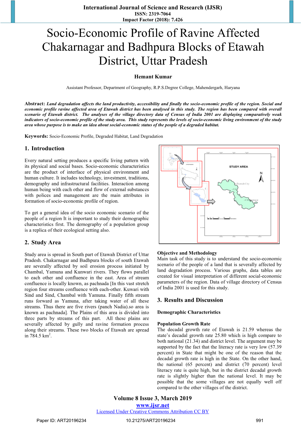 Socio-Economic Profile of Ravine Affected Chakarnagar and Badhpura Blocks of Etawah District, Uttar Pradesh