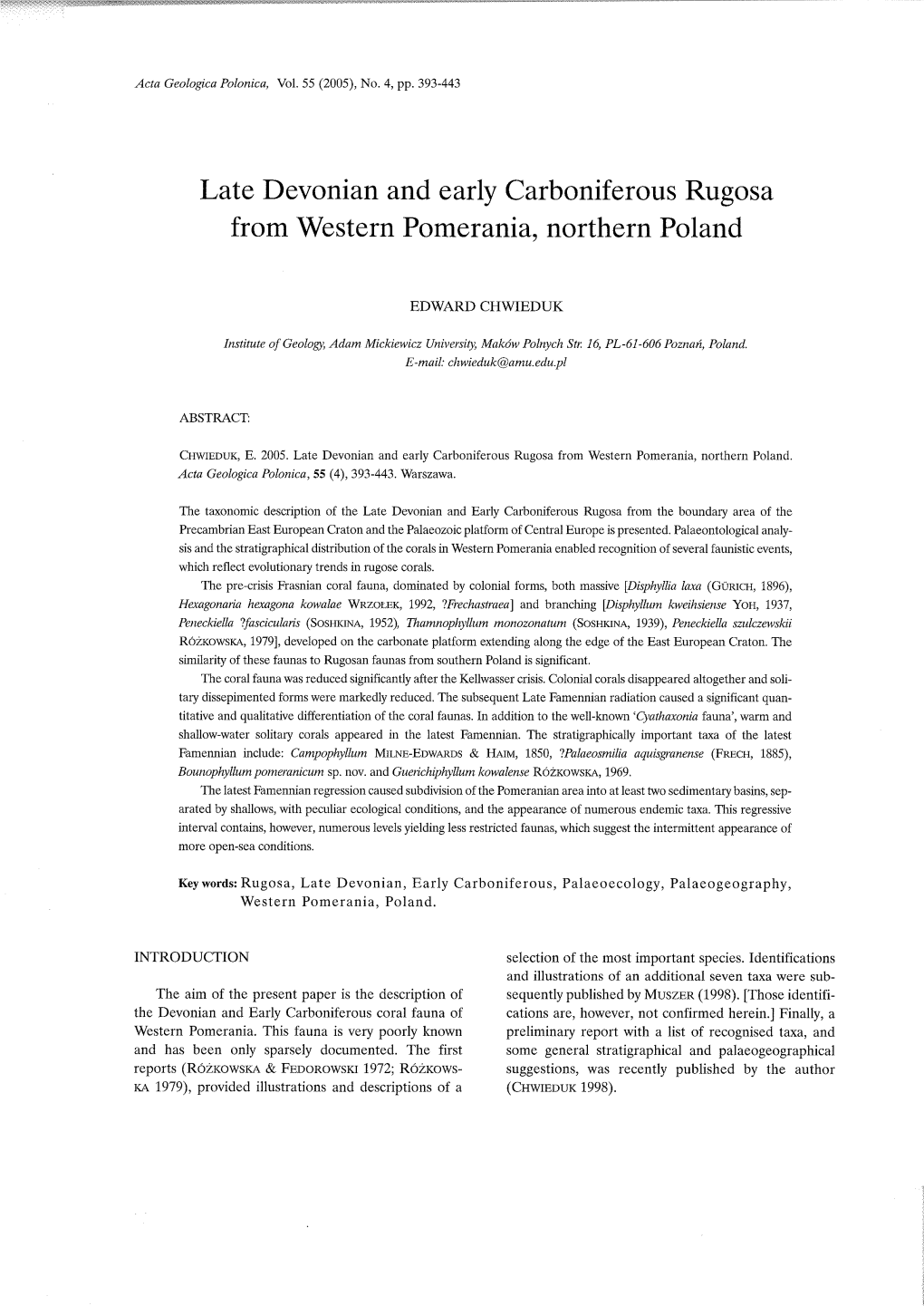 Late Devonian and Early Carboniferous Rugosa from Western Pomerania, Northern Poland