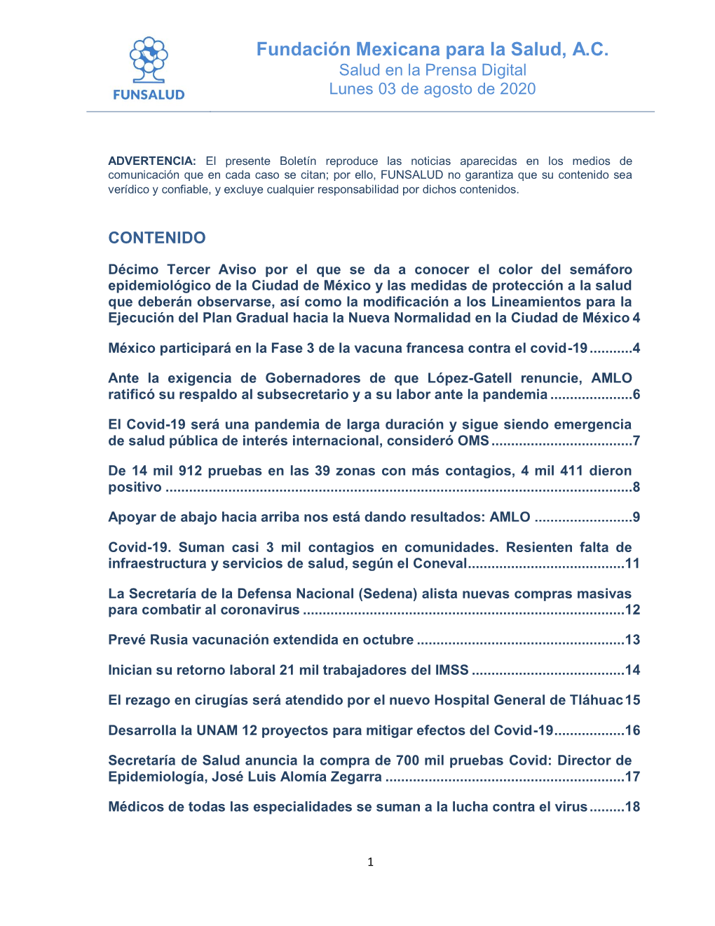 Fundación Mexicana Para La Salud, A.C. Salud En La Prensa Digital Lunes 03 De Agosto De 2020