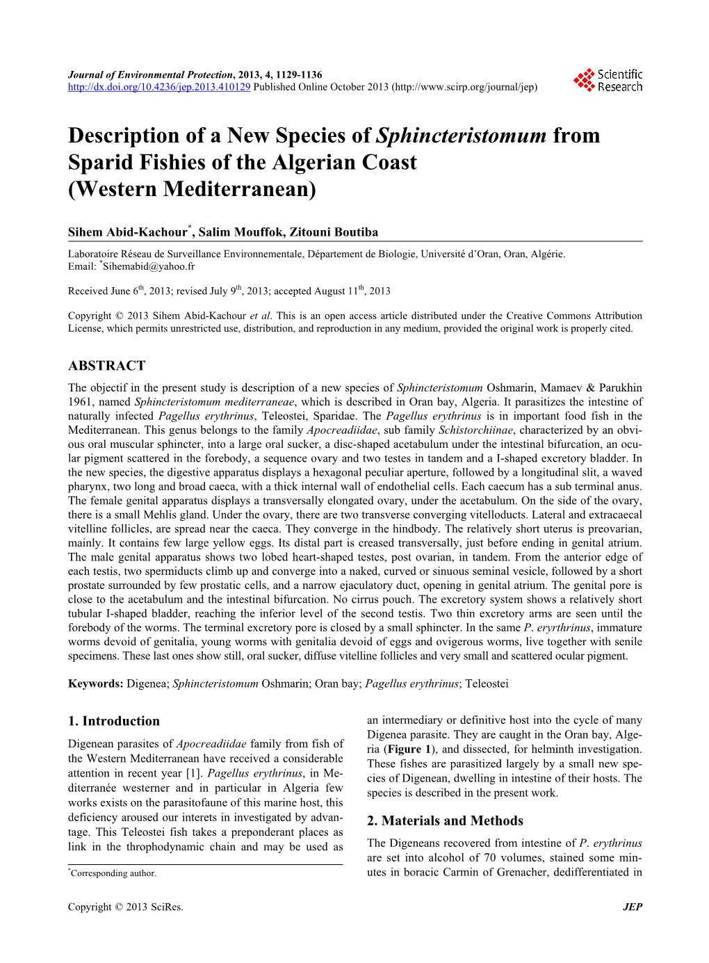 Description of a New Species of Sphincteristomum from Sparid Fishies of the Algerian Coast (Western Mediterranean)