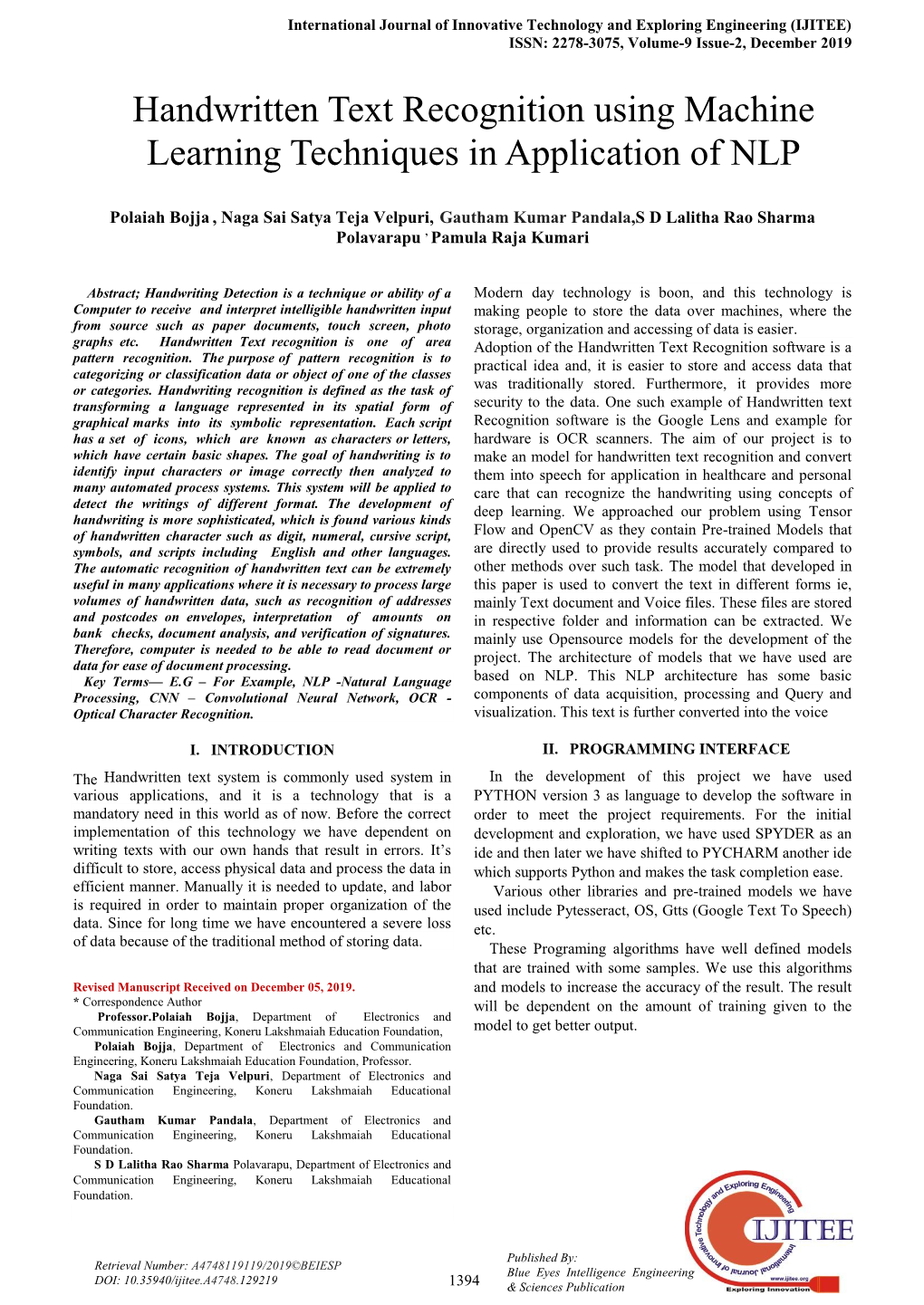 Handwritten Text Recognition Using Machine Learning Techniques in Application of NLP