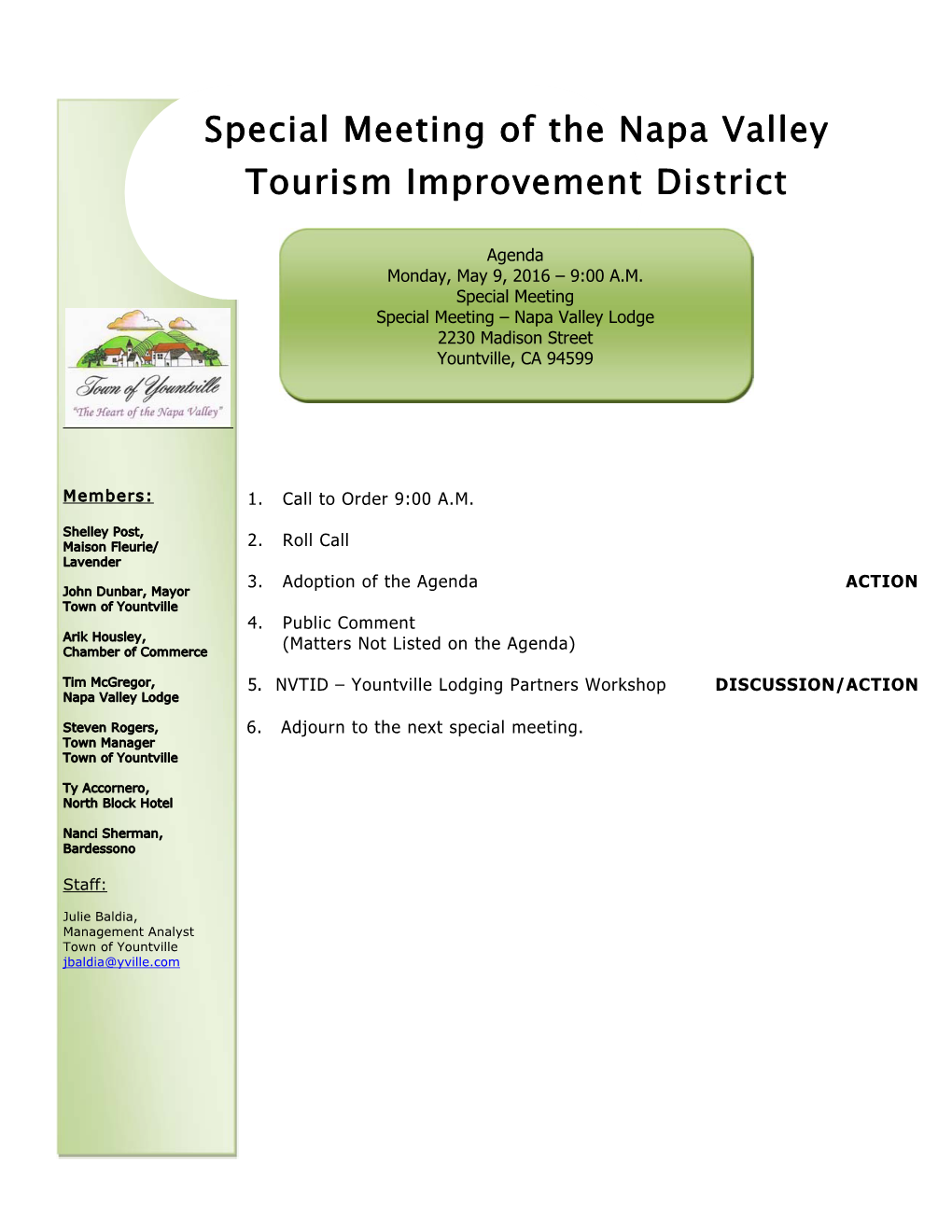 Special Meeting of the Napa Valley Tourism Improvement District