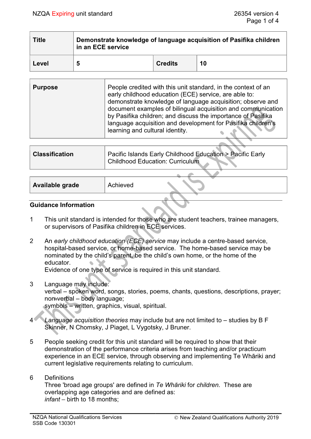 NZQA Expiring Unit Standard 26354 Version 4 Page 1 of 4 Title Demonstrate Knowledge of Language Acquisition of Pasifika Children