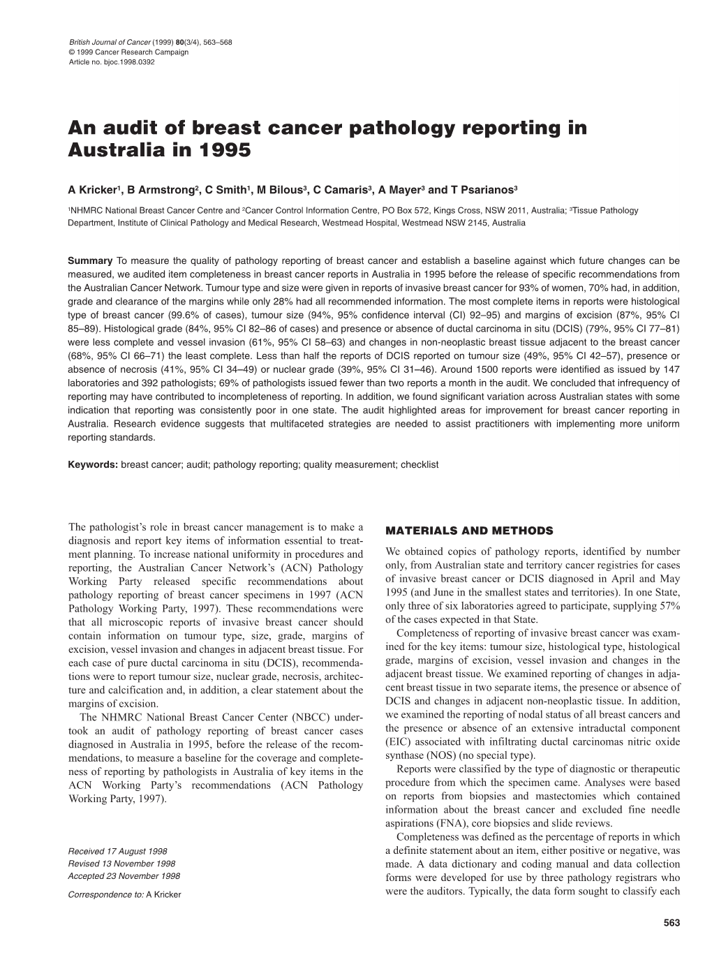 An Audit of Breast Cancer Pathology Reporting in Australia in 1995
