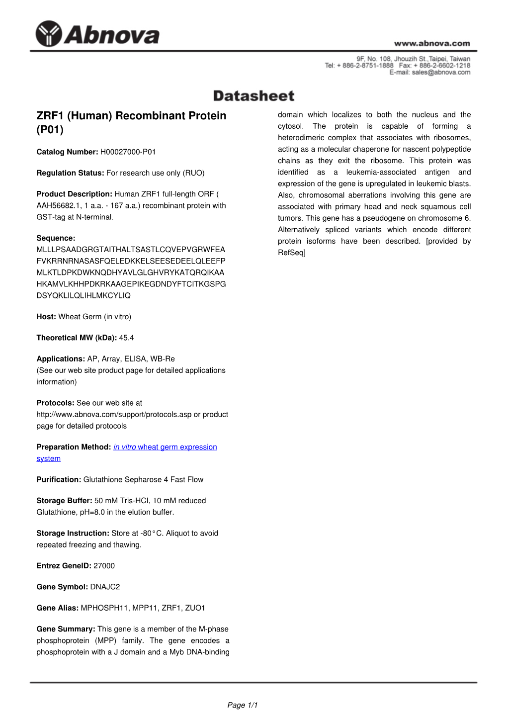 ZRF1 (Human) Recombinant Protein (P01)