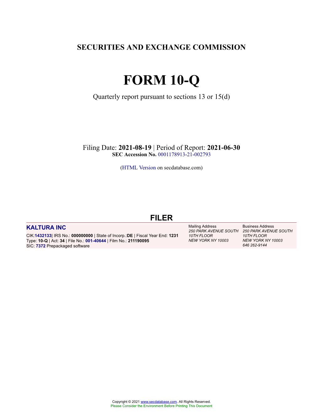 KALTURA INC Form 10-Q Quarterly Report Filed 2021-08-19
