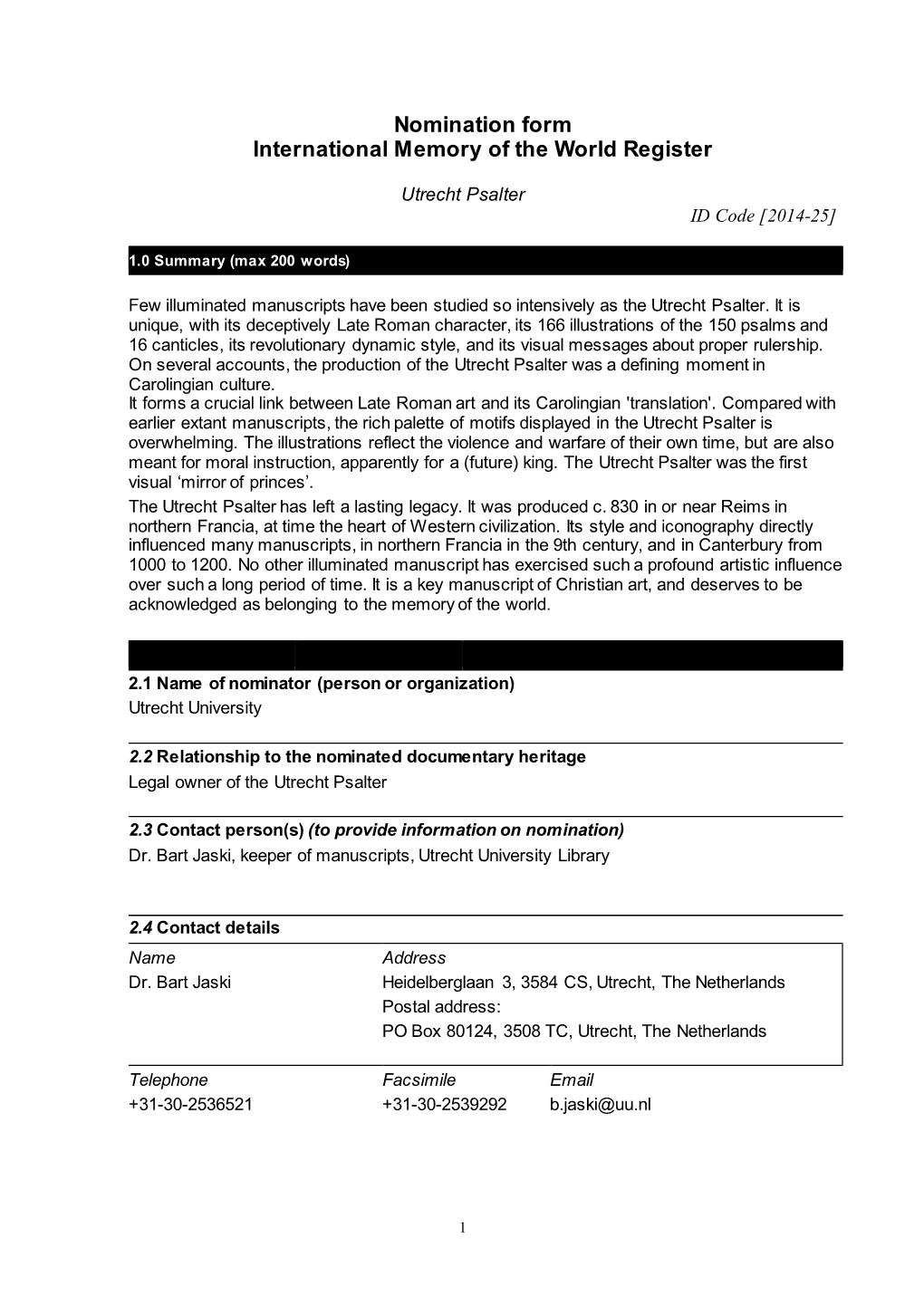 Nomination Form International Memory of the World Register