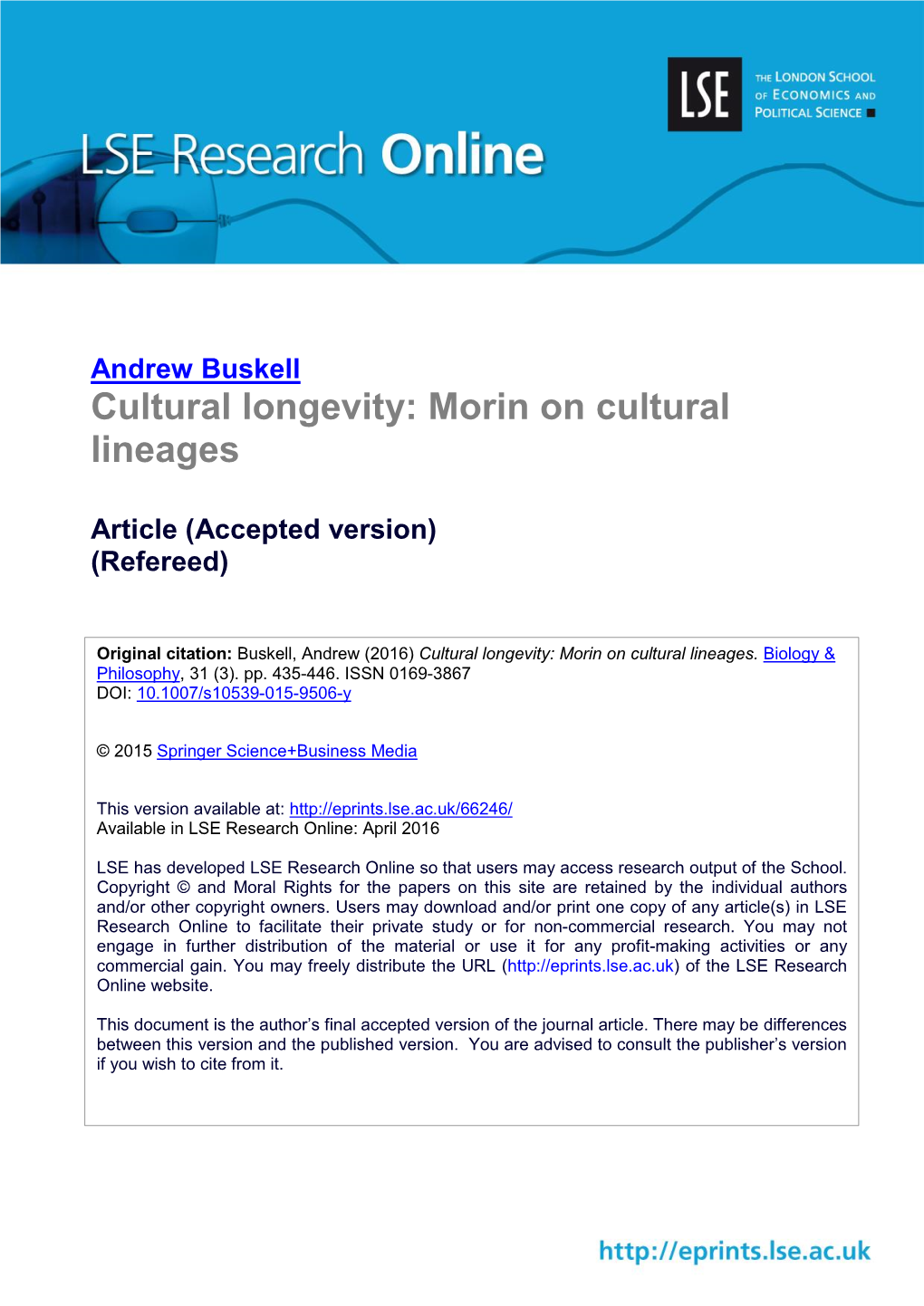 Cultural Longevity: Morin on Cultural Lineages